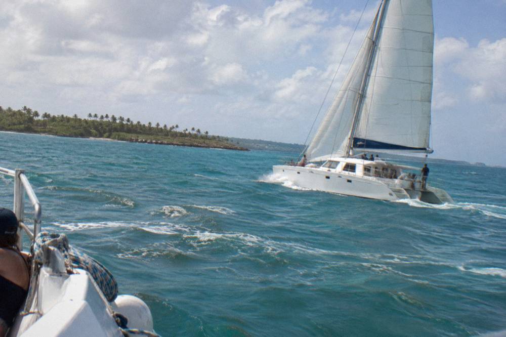 A catamaran under sail on open turquoise water with low green coastline in the distance