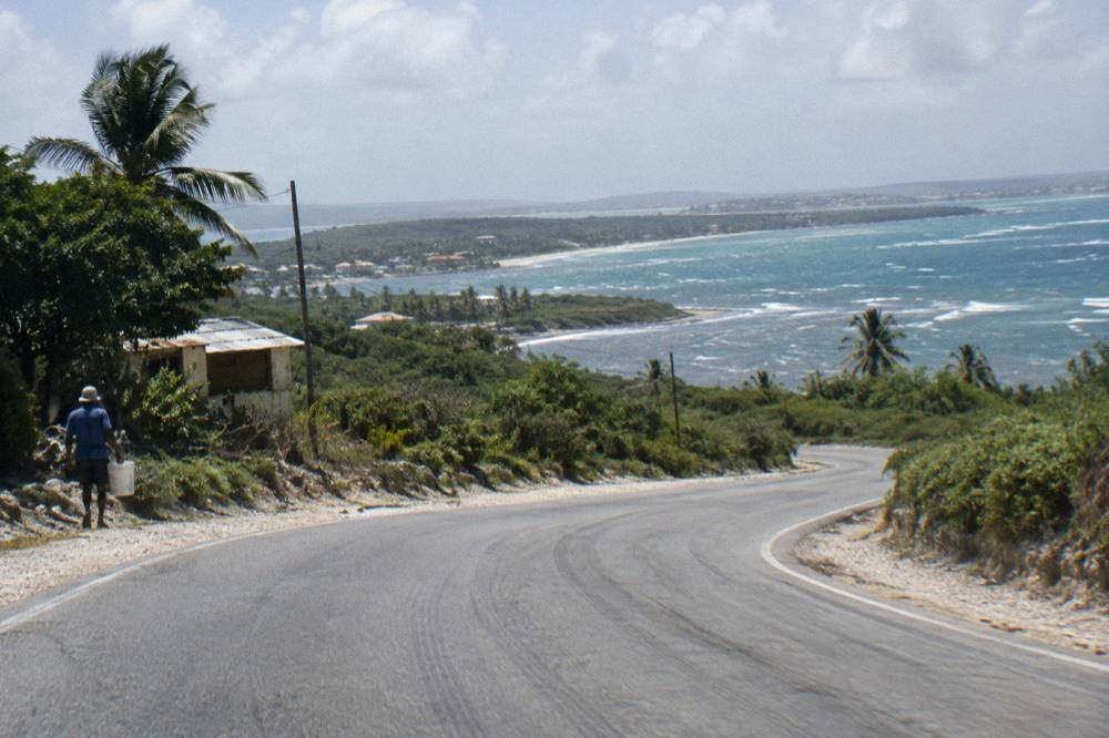 Winding highway curving over green hills with a distant bay below.