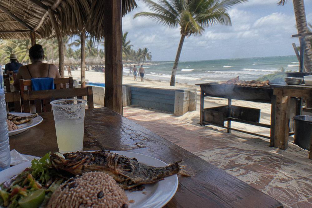 Grilled fish and rice plates served fresh at an outdoor beach restaurant