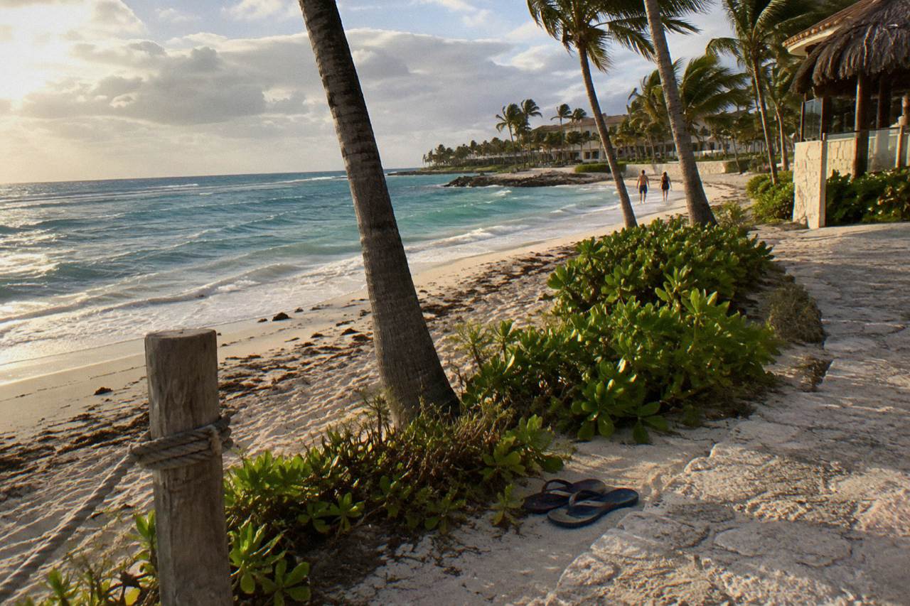 Turquoise water and a white sand beach with palm trees along the shore