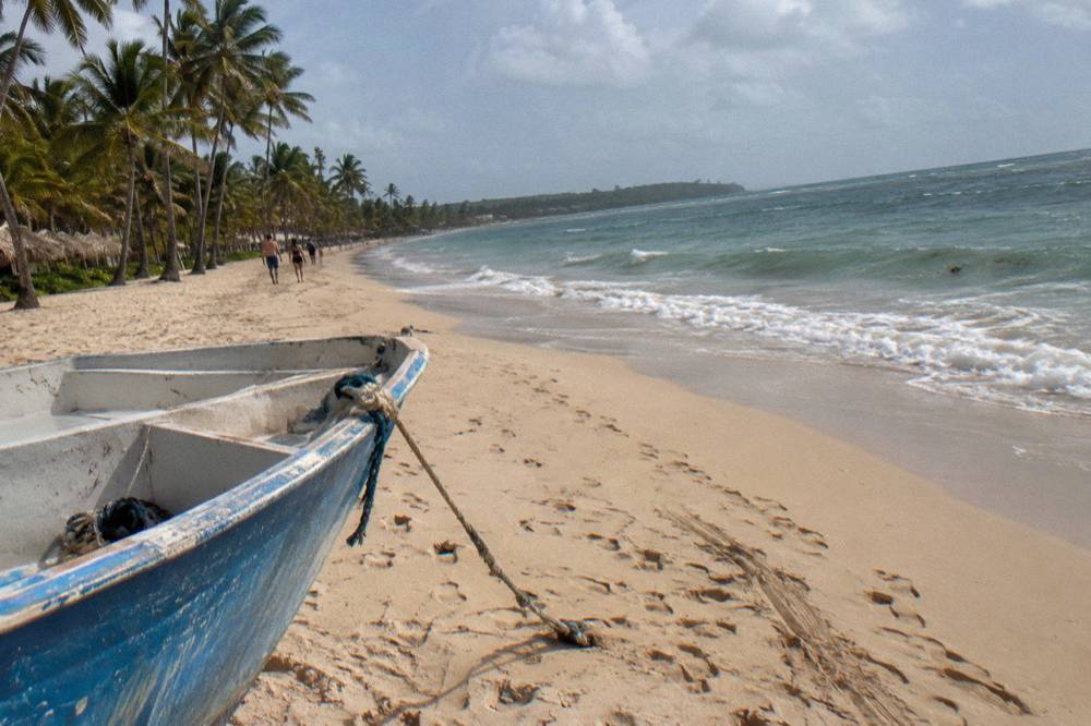 Wide view of a palm lined shoreline with clear shallow water and no seaweed on the sand