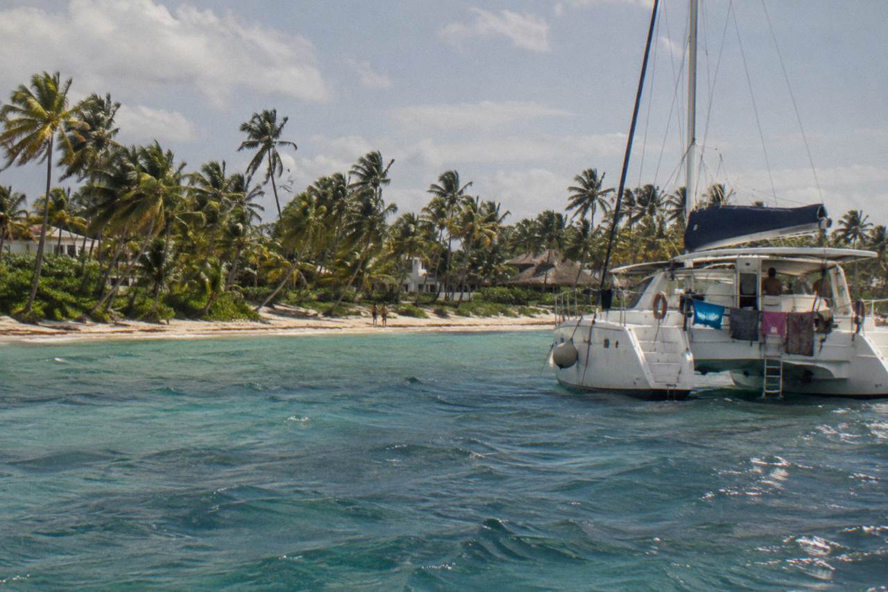 A catamaran anchored in clear turquoise water off a palm-lined Caribbean beach