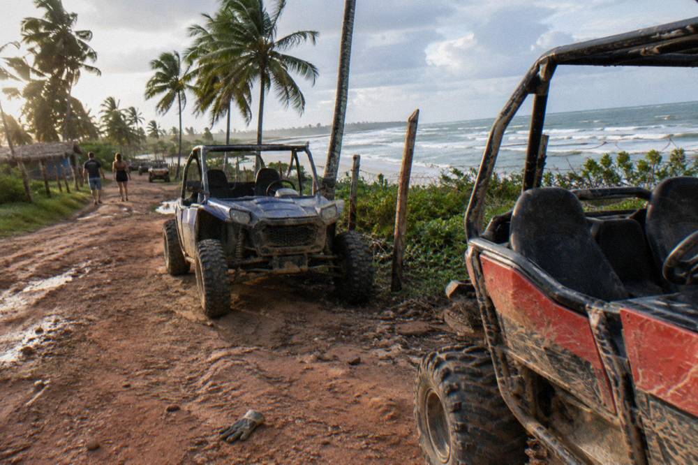 Dune buggies parked on a dirt track beside a tropical farm fence
