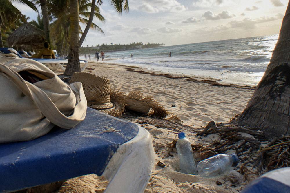 Family day bag, hats and water bottles on a beach lounger under palm shade