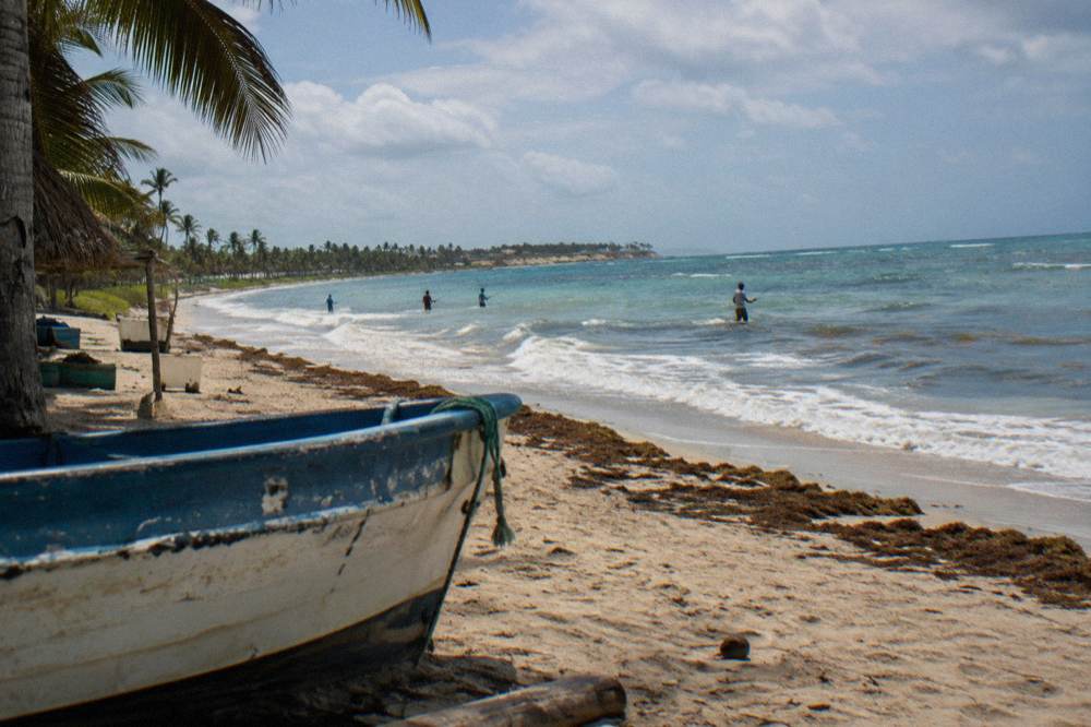 Calm open water beyond a sandy beach with clear blue shallows
