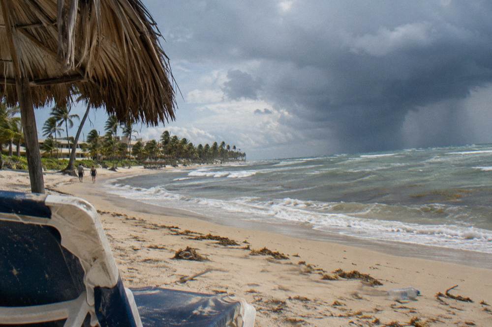 Tropical clouds building over the sea beyond a palm-lined beach
