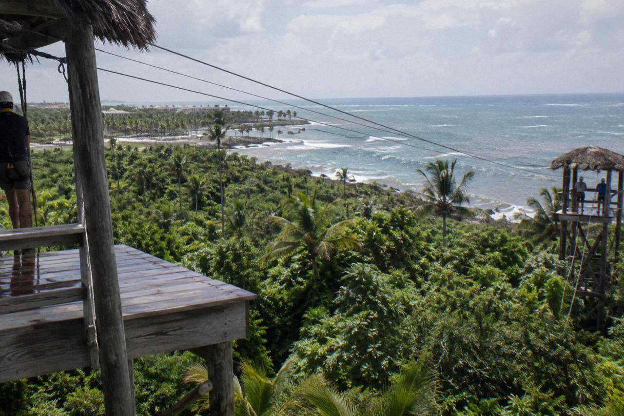 Long zipline cables stretched between wooden platforms above a green palm forest