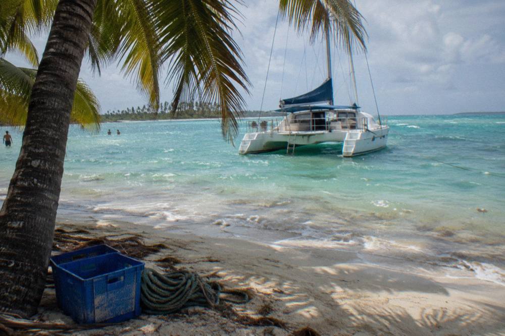 A catamaran anchored in shallow turquoise water off a palm-lined beach