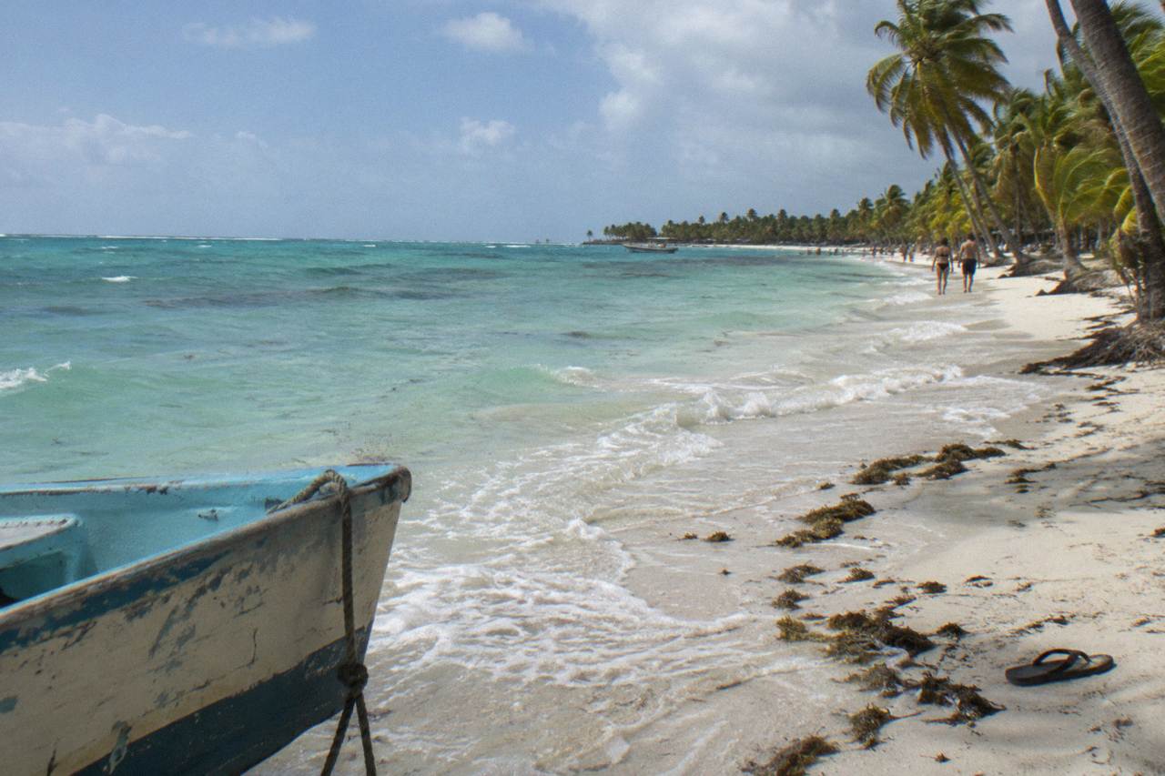 Turquoise shallow water and palm trees along a wide white sand beach on Saona Island