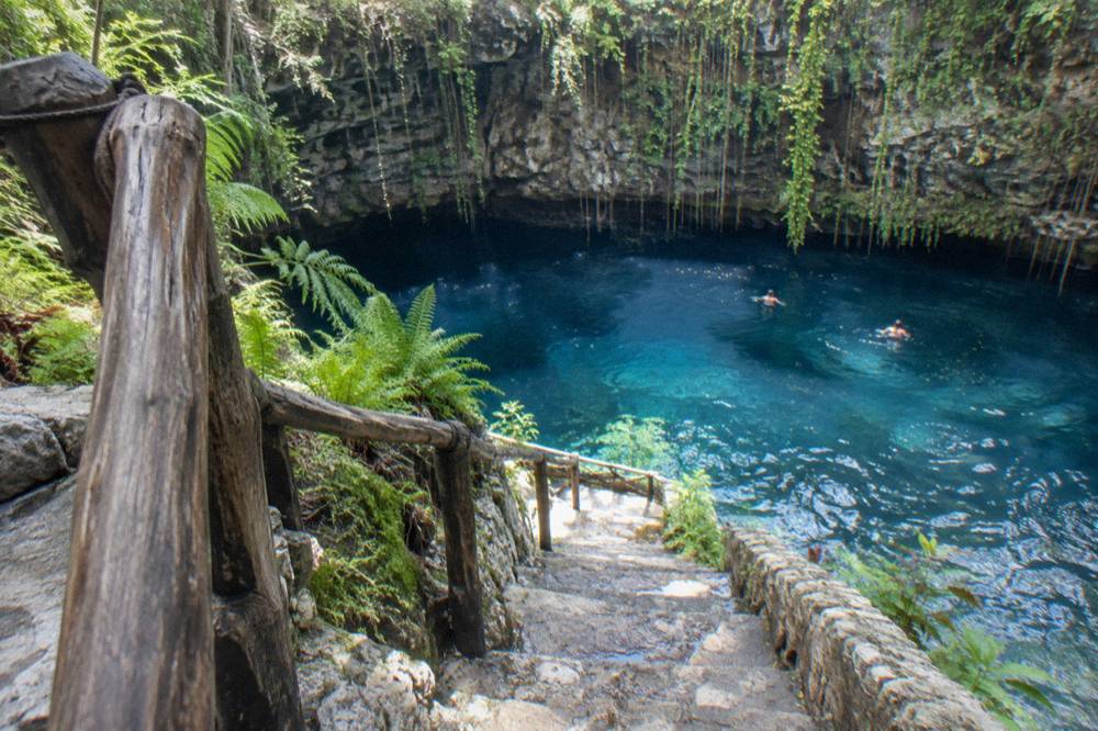 Still blue water of a sinkhole between steep rock walls hung with vines and ferns